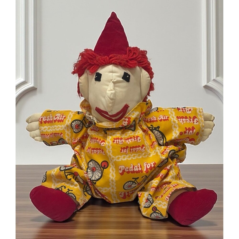 VTG  Handmade Clown Rag Doll Bicycle Cloth  Creepy Red Hair Pointy Hat Scary